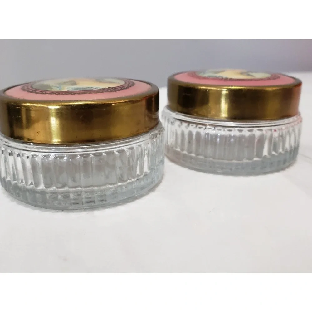 Lot 2 Vintage Vanity Make Up Glass Powder Jar Victorian Painted Lady Metal Lid